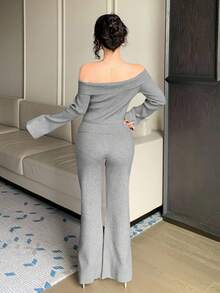 DAZY Set casual da donna a 2 pezzi, maglione a spalle scoperte e pantaloni, in colore unito, autunnale - Grigio - Visualizzare 2