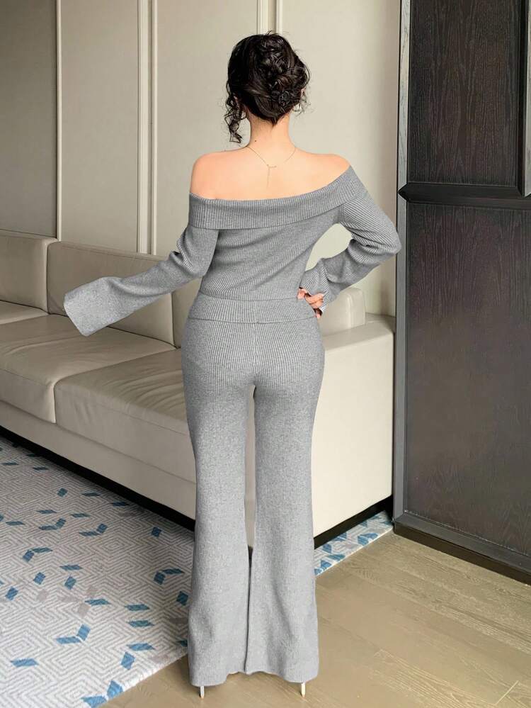Women's Casual Solid Color Off Shoulder Sweater & Pants 2 Pieces Set, Autumn