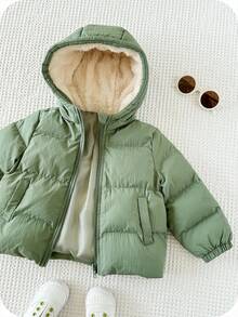 SHEIN Áo khoác dày dặn giữ nhiệt màu xanh lá cây có mũ cho bé trai, kiểu dáng thường ngày ấm áp, thích hợp cho cả nam và nữ, mùa đông. - Nhiều màu - Xem 6