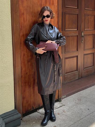 Aloruh Women's Autumn/Winter Trench Coat, Deep Brown PU Jacket, Maillard Color, Retro Style, Suitable For Commuting And Outdoor Wear, Long Coat Fall Clothes For Women New Fall Fashion Women Fall Clothes For Women Halloween Costumes Fall '25 Looks: Women Halloween Clothes Fall Women Clothes Halloween Costumes Women