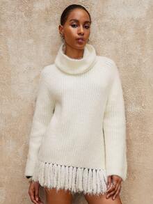 SHEIN Privé VITNOS Women's Off-White Autumn Casual Oversized Knit Sweater,Turtleneck Long Sleeve Tasseled Fringe Elegant Party Sweater For Any Occasion,Holiday - Beige - View 4