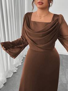 Modelyn Váy chữ A dài tay, thắt eo, chắp vá cỡ lớn - màu nâu - Xem 5