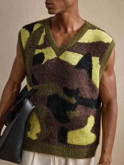 AKNOTIC Business Casual Men's Contrast Color Camouflage V-Neck Sleeveless Knit Casual Tank Top