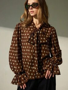 Aveloria Modichic Elegante Schleifendekor Loose Fit Langarm Bluse - Kaffeebraun - Übersicht 4