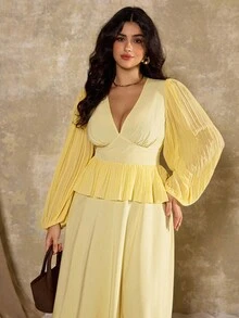 Roveilla Plus Size Women Elegant Pleated Deep V-Neck Long Sleeve Dress - Yellow - View 8