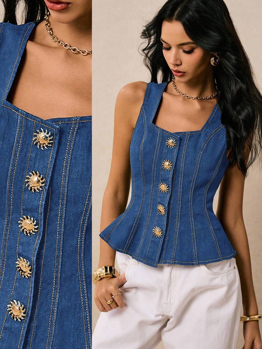 Poéselle Nouveauté Tops en denim pour femmes, col carré, bretelles, décoration boucle métallique, volants à la taille au dos, ourlet. Vêtements d'automne, tops en denim bleu foncé. Élégant à la française, mode de rue, porter au quotidien, idéal pour les voyages