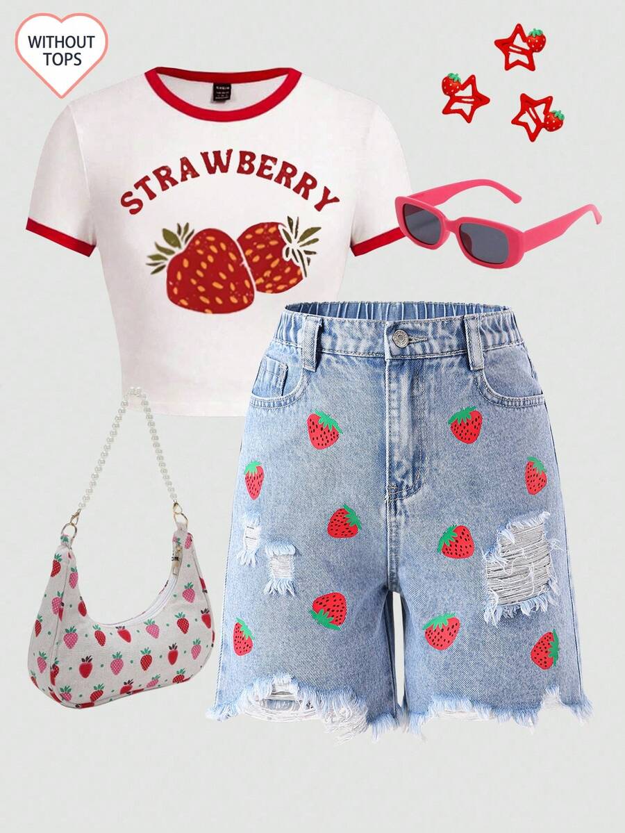 Sparklyn Mädchen (Tween) Denim Shorts in heller Waschung mit Erdbeermuster, bequem, süß, Lässig, Urlaubsstil, geeignet für den Alltag, Campus-Lässig, Rückkehr zur Schule, Reisen und Lässig - Helle Waschung - Übersicht 1