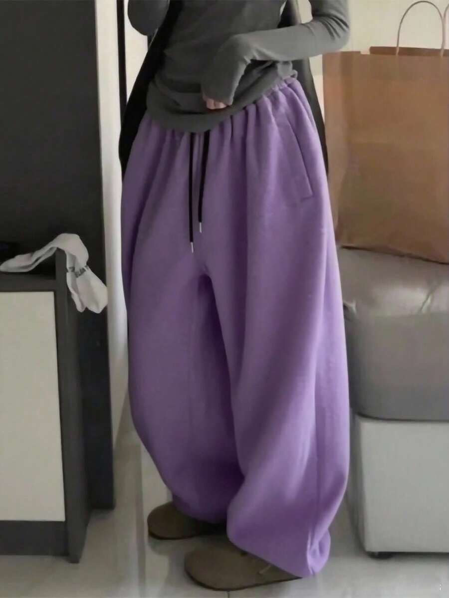 INAWLY Quần jogger dáng rộng, cạp chun, có túi rút cho nữ - Bụi tím - Xem 1