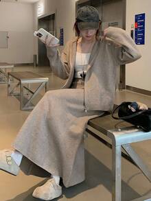 DAZY Women's Solid Color Drop Shoulder Long Sleeve Zip Front Hooded Cardigan And Knit Skirt Casual 2 Pieces Set, Autumn - Khaki - View 5