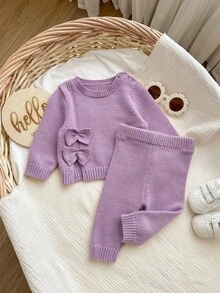 SHEIN 新生女婴可爱秋冬休闲粉色蝴蝶结针织毛衣和松紧腰裤两件套 - 紫色 - 查看 5
