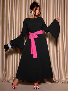 Cravure 大码优雅大码蝴蝶结喇叭袖连衣裙 - 黑色 - 查看 6