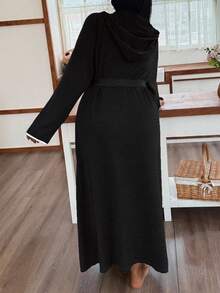 Napfluff CURVE Napfluff CURVE Soft Knit Floral Gauze Casual Hooded Loungewear Plus Size Robe, Fall & Winter, Cozy Outfit - Black - View 2