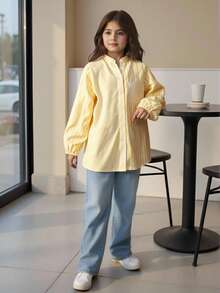 青少年女孩竖条纹印花纽扣领长袖口袋衬衫，适合秋季度假、假日、夏季、旅行休闲