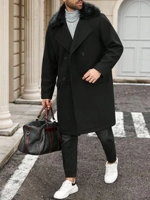 Manfinity Homme 男士加大码时尚双排扣大衣，秋冬季 - 黑色 - 查看 4