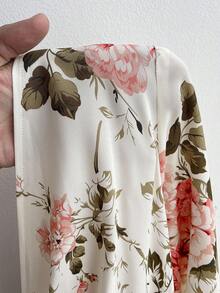 Elenzga Plus Size Women's Spring/Summer Vacation, Elegant Romantic Party, Wedding Guest Floral Print Long Sleeve V-Neck Pleated Flowing Maxi Dress - Multicolor - View 6