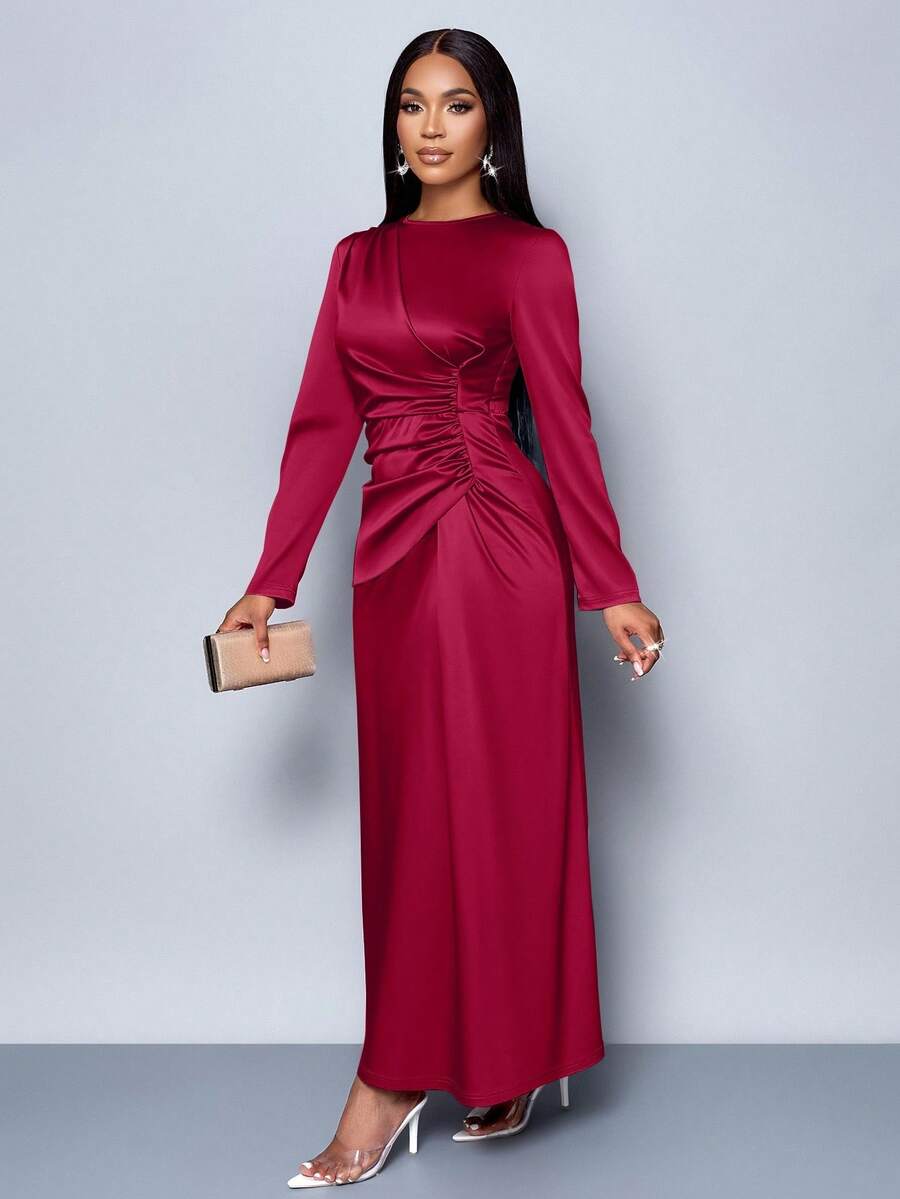 SOLERSUN Đầm ôm body bằng vải satin nhún bèo màu trơn thanh lịch dành cho nữ, thích hợp cho trang phục dự tiệc hẹn hò Maxi dành cho nữ - Đỏ - Xem 1