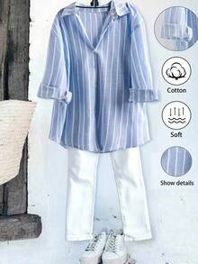 大码时尚蓝色条纹女式 2025 新款荷叶边大码袖棉质衬衫，适合返校、毕业、情人节、音乐节、母亲节、万圣节、感恩节、复活节、国庆节、舞会、约会、派对、婚礼、户外活动 - 藍白色 - 查看 1