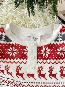SHEIN Vintaside Kids 2 件套少女圣诞主题舒适贴身长袖上衣和裤子休闲睡衣 - 紅色 - 查看 3