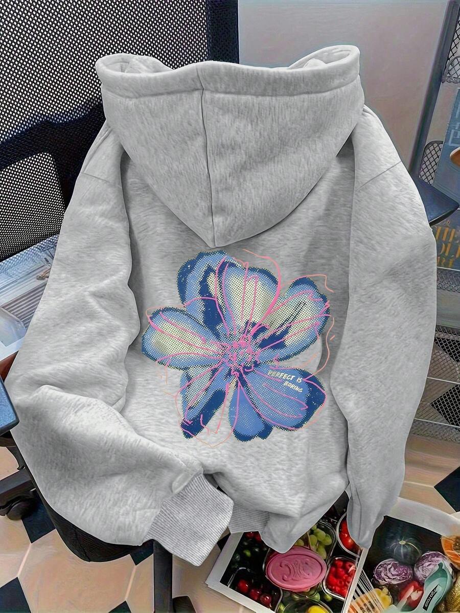 Tween Girl Casual Fashionable Comfortable Minimalist Floral Pattern Fleece Sweatshirt, Versatile For Autumn/Winter - Grey - View 1