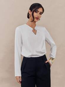 Modelyn Women's Solid Color V-Neck Metal Ring Decor Long Sleeve Raglan Fashion Blouse - White - View 7