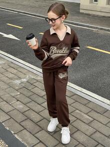 2 peças Camiseta de Manga Longa com Gola Polo e Bloco de Cores com Estampa de Letra + Calça de Cor Sólida para Meninas, Conjunto Esportivo Casual Adequado para Uso Diário, Volta às Aulas, Esportes na Primavera e Outono - Marrom Claro - Visão 7