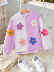 SHEIN Girls' Casual Colorful 3D Floral Contrast Color Baseball Jacket, Spring/Autumn Fall Winter - Purple - View 4