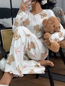 SHEIN 蝴蝶结和小熊印花提花针织长袖睡衣套装，泰迪熊睡衣套装，女士睡衣，可爱睡衣套装，小熊睡衣，秋冬服装，舒适优雅细节
