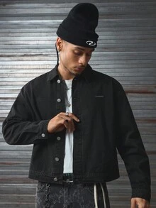 AXEPEAK Men's Washed Rhinestone Embellished Long Sleeve Denim Jacket, Stylish Short Outerwear, Fall - Black - View 2