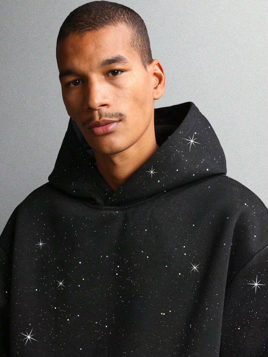 SUMWON 银河印花套头连帽衫冬季星夜图案天体设计休闲舒适超大舒适穿着全身星星宇宙主题 - 黑色 - 查看 1