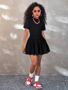 Coolane Kids 女童夏季可爱休闲灰色裙子套装：短袖短款上衣和褶皱迷你裙，夏季 - 黑色 - 查看 4