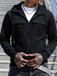 Manfinity Homme Men's Solid Color Long Sleeve Utility Pocket Zip Front Drawstring Zip Up Black Hoodie Sweatshirt, Casual For Autumn - Black - View 5