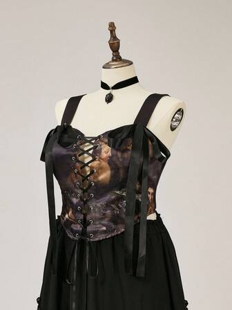 EDITION Camiseta de tirantes de talla grande para mujer con diseño de pintura al óleo con estilo de palacio medieval y diseño de atar en los hombros