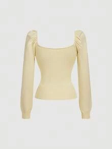 SHEIN MOD Women's Fashion Square Neck Puff Sleeve Rhinestone Button Sweater, Autumn