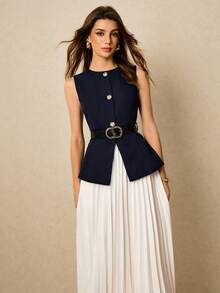 Poéselle 女士时尚休闲西装背心和百褶裙套装秋冬女装 - 藏蓝色 - 查看 4