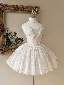 Lovelzi Váy dài vải thêu trắng kiểu cung điện thanh lịch, sang trọng, quý phái với họa tiết hoa 3D và dáng chữ A, thích hợp cho tiệc đơn, đám cưới, tốt nghiệp, kỳ nghỉ, tiệc chia tay cuộc sống độc thân - trắng - Xem 4