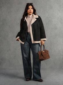 Elaquor Jaqueta Casual de Moletom para Motociclista, Plus Size, Feminina - Preto - Visão 1