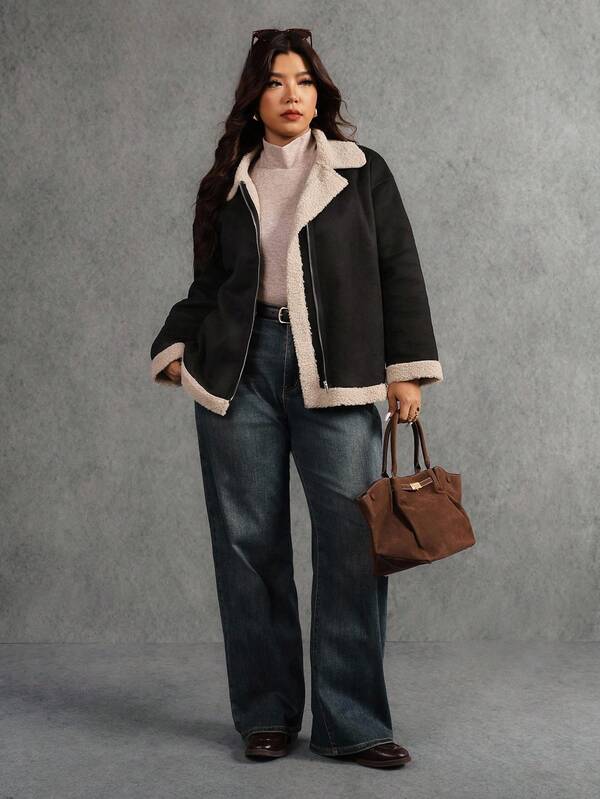 Elaquor Chaqueta casual de felpa para motocicleta de moda para mujer de talla grande