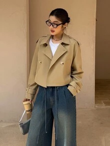 K-Vae 女士秋冬卡其色日常韩版短款风衣，老款风格，万圣节服装，别致秋季 - 卡其色 - 查看 4