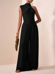 Zivah 2025新款休闲度假日常约会通勤优雅沙滩邮轮派对简约网红爆款高领毛领无袖一字肩宽松连体裤阔腿裤超长裤带口袋军绿色女连体裤 - 黑色 - 查看 5