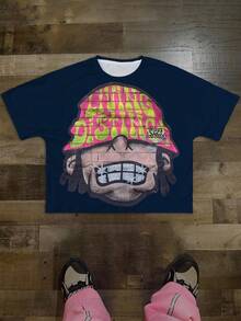 Manfinity Roghcode 男士截短圆领短袖T恤超大卡通头像图案ins街头宽松上衣 - 寶藍色 - 查看 1