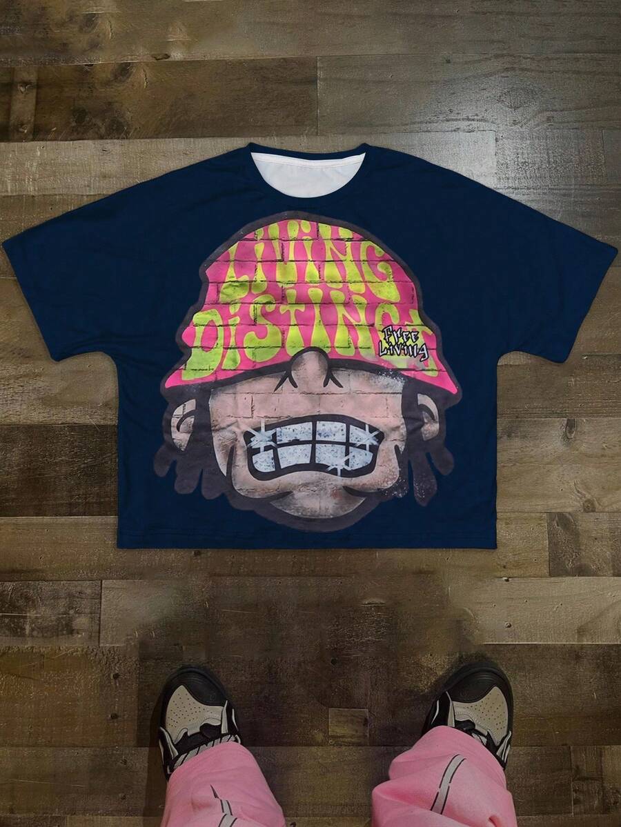 Manfinity Roghcode 男士截短圆领短袖T恤超大卡通头像图案ins街头宽松上衣 - 寶藍色 - 查看 1