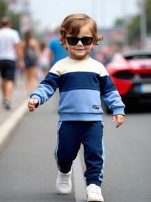 2pcs/Set Young Boy Blue Thick Thermal Lined Color Block Patchwork Crew Neck Long Sleeve Hoodie And Jogger Pants Tracksuit Set, Autumn/Winter Fall