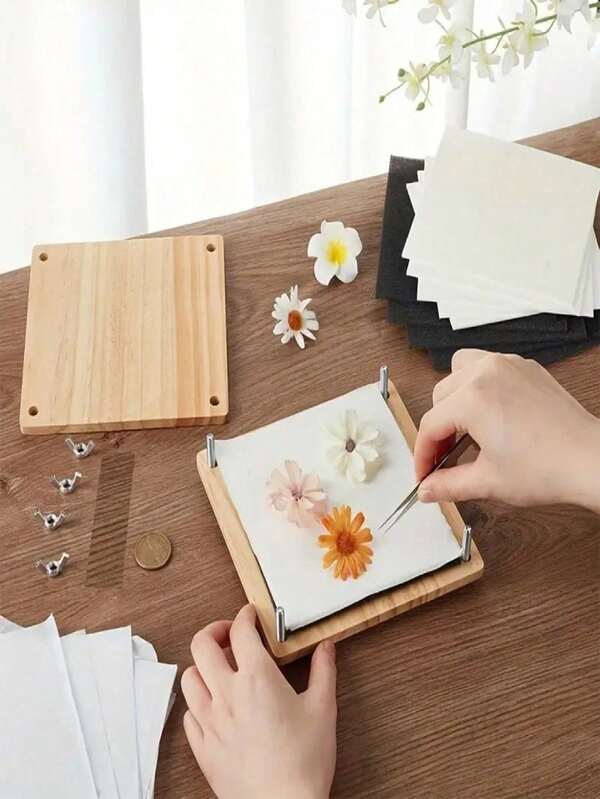 1/2 piezas 1 Kit de prensado de flores de madera, Preservación de especímenes DIY, Bolsa de secado de color mixto para flores y hojas, Herramientas de manualidades, Decoración de Halloween, Regreso a la escuela, Decoración de otoño, Decoraciones navideñas, Decoración de pared, Cortinas de dormitorio