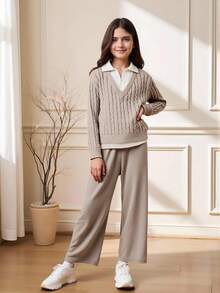 SHEIN 2 件套青少年女孩针织毛衣和裤子套装，时尚简约设计，秋冬 - 卡其色 - 查看 4