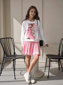 SHEIN 2 件套 少女可爱猫咪印花运动衫和百褶迷你裙套装 - 白色 - 查看 6