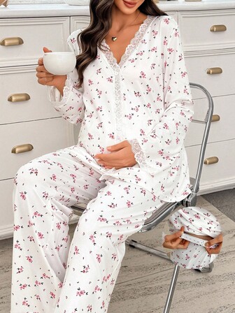 Moonlight & Mama Graviditet Moonlight & Mama Romantisk Blommig Kontrast Spets Långärmad Topp & Byxor Pyjamas Set För Gravida Kvinnor Blommigt Pyjamas Set Bekvämt Pyjamas Set, Höst Vinterkläder