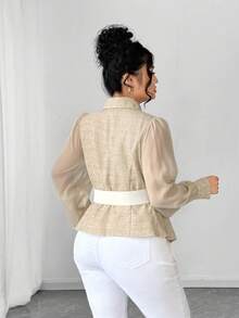 Elenzga Plus Size Women Fashion Elegant Waist Cinched Mesh Patchwork Slim Fit Blouse - Khaki - View 2