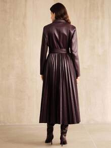 Anewsta Women's Red Collared Fitted Waist Cinched Waist Pleated Hem Elegant Dress, Suitable For New Year, Christmas, Winter Elegant Outfit - Burgundy - View 2
