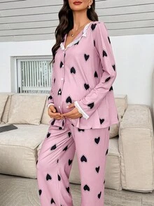 Moonlight&Mama Moonlight & Mama 蕾丝拼布翻领黑色心形印花宽松长袖上衣和裤子孕妇睡衣套装，秋季服装 - 彩色 - 查看 6