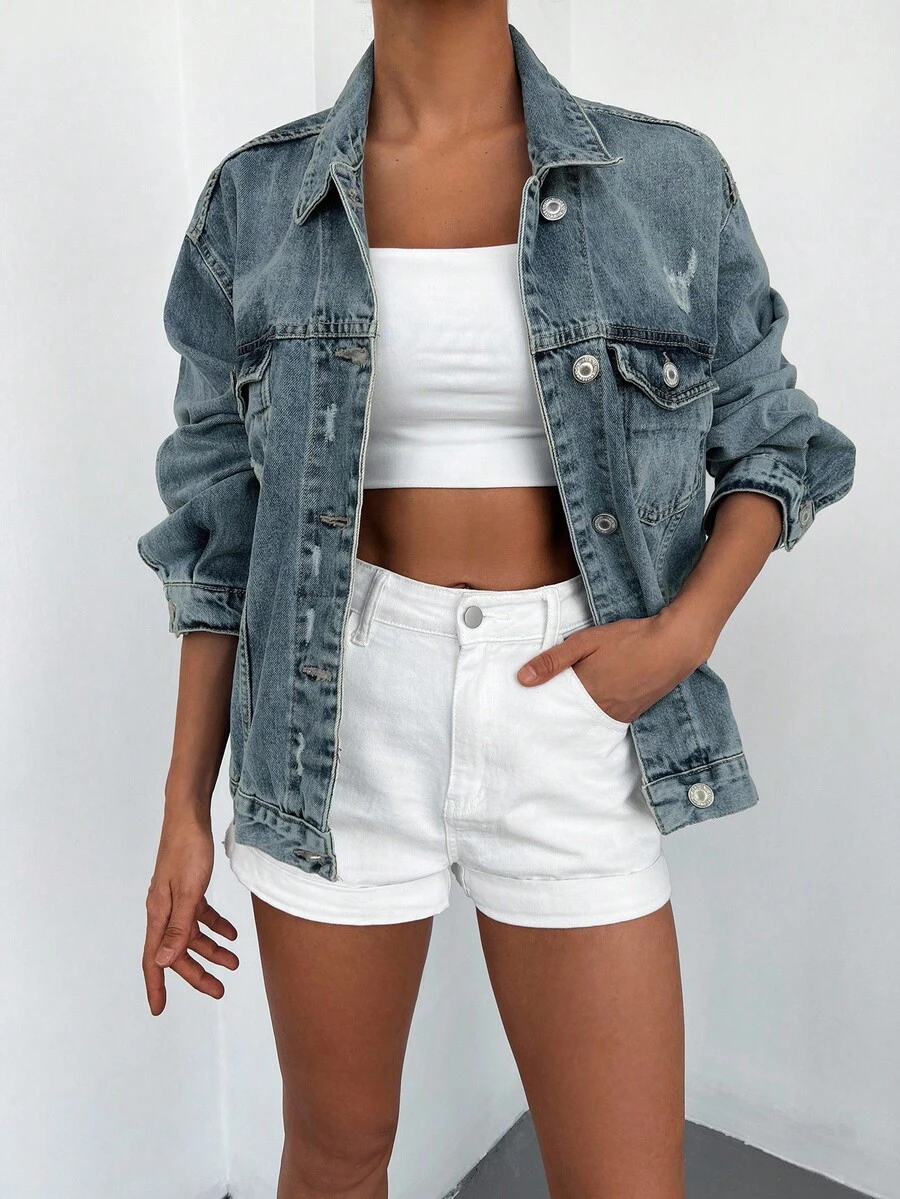 Cottnline Áo khoác denim rách vai 98% cotton có túi nắp - Rửa trung bình - Xem 1